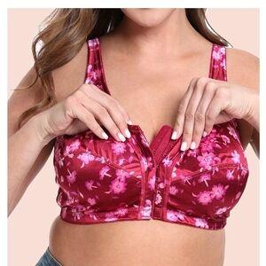 Front-Closure Floral Satin Bra - Red/Wine